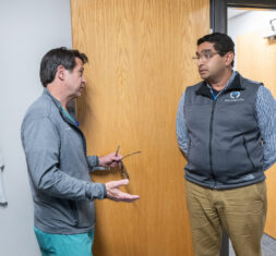 Dr. VanSickle and Dr. Gummadavelli, the lead neurosurgeons at the DBS Center frequently collaborate and share ideas.